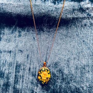 Vintage Hand-Painted Rose Glass Pendant & Chain